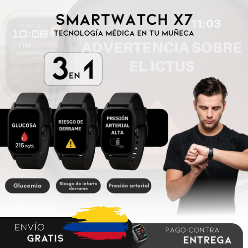 SmartWatch X7 – Monitor Médico 3 en 1 (Glucosa, Presión, Riesgo de ACV) | Menú en español